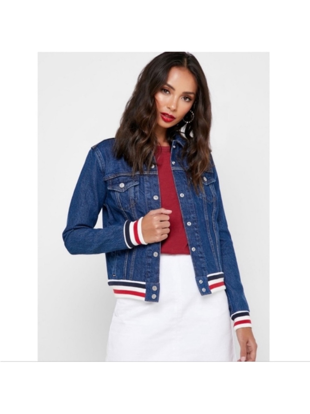 Levi’s denim trucker jacket with red/white/blue striped trim sz M
